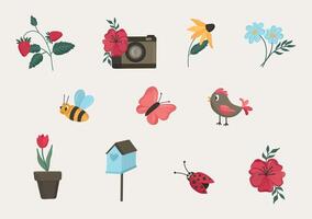 A set of flat icons with flowers, birds, and other objects vector