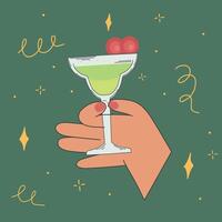 A cocktail glass with a fizzy green drink, garnished with cherries, held by a hand with red nails, surrounded by decorative swirls and sparkles on a dark green background in retro style. vector