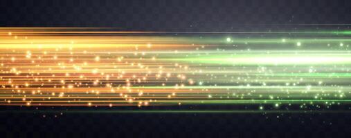 Speed rays, velocity light neon flow, zoom in motion effect, green and orange glow speed lines, colorful light trails, stripes. Abstract background, illustration. vector