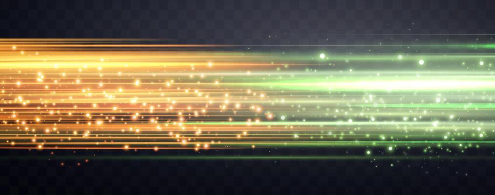 Speed rays, velocity light neon flow, zoom in motion effect, green and orange glow speed lines, colorful light trails, stripes. Abstract background, illustration.