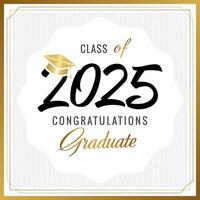Class of 2025 awards, graphic template. Greeting card, invitation concept. Vintage square frame, waving lines texture, golden design. vector