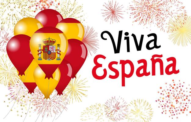 Bright festive banner with red and yellow fireworks and 3D flag balloons. Social network timeline stories concept. Long live Spain greetings
