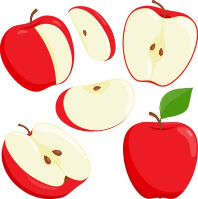 Red, whole and sliced apples. Apple fruit set. Set of apples and sliced apples isolated on white background. Whole, half, slice of red apple fruit with green leaves.