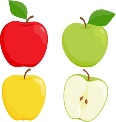 Fresh red, green and yellow apple fruits. Apples on white background. Whole and cut in half.