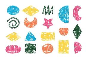 Big set of color charcoal geometric figures in kids style. Hand drawn pencil or crayon kid texture. Triangle, square, circle, rhombus, star, oval, spiral, zigzag, heart, and polygon in child style vector