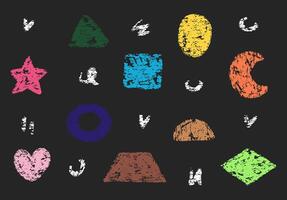 Crayon kid figure by color pencil on blackboard. Doodle chalk sketch shapes, circle, square, oval, triangle, geometric forms and elements. vector
