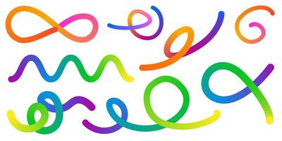 Abstract Color Rainbow Gradient Shapes Set. Graphic with Wavy Lines in Bright Colors. Colorful Fluid Wave Pattern. Squiggly Design Elements. vector