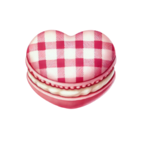 A delightful heart-shaped macaron with red and white checkered pattern, filled with creamy frosting, perfect for special occasions. png