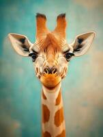 Close-up of a cheerful giraffe under a soft blue backdrop showcasing its unique features and charm photo