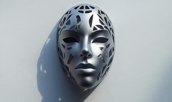 A silver mask with a face on it on gray wall photo