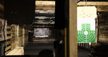 shooting range suspended green target view of a 50-meter underground range. Perfect for capturing the precision and thrill of shooting sports enthusiasts looking the depth intensity of target practice photo