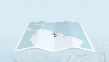 Map of Guyana with the flag of Guyana in the contour of the map on a trip abstract backdrop. vector