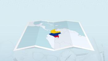 Map of Colombia with the flag of Colombia in the contour of the map on a trip abstract backdrop. vector