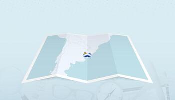 Map of Uruguay with the flag of Uruguay in the contour of the map on a trip abstract backdrop. vector