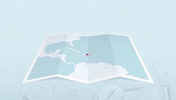 Map of Dominican Republic with the flag of Dominican Republic in the contour of the map on a trip abstract backdrop. vector