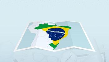 Map of Brazil with the flag of Brazil in the contour of the map on a trip abstract backdrop. vector