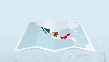 Map of Mexico with the flag of Mexico in the contour of the map on a trip abstract backdrop. vector