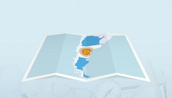 Map of Argentina with the flag of Argentina in the contour of the map on a trip abstract backdrop. vector