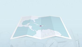 Map of Haiti with the flag of Haiti in the contour of the map on a trip abstract backdrop. vector