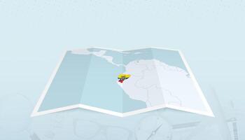 Map of Ecuador with the flag of Ecuador in the contour of the map on a trip abstract backdrop. vector