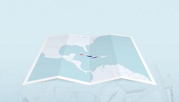 Map of Cuba with the flag of Cuba in the contour of the map on a trip abstract backdrop. vector