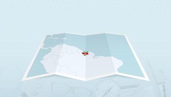 Map of Suriname with the flag of Suriname in the contour of the map on a trip abstract backdrop. vector