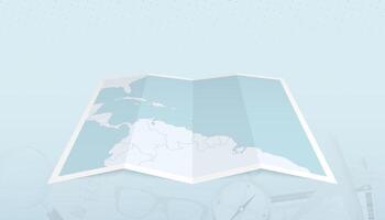 Map of Saint Vincent and the Grenadines with the flag of Saint Vincent and the Grenadines in the contour of the map on a trip abstract backdrop. vector