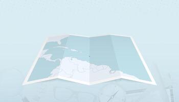 Map of Dominica with the flag of Dominica in the contour of the map on a trip abstract backdrop. vector