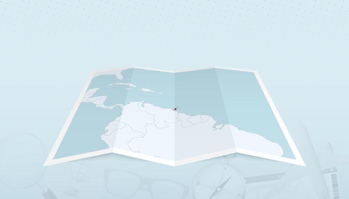 Map of Trinidad and Tobago with the flag of Trinidad and Tobago in the contour of the map on a trip abstract backdrop.