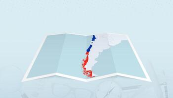 Map of Chile with the flag of Chile in the contour of the map on a trip abstract backdrop. vector