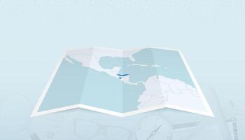 Map of Honduras with the flag of Honduras in the contour of the map on a trip abstract backdrop. vector