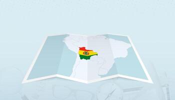 Map of Bolivia with the flag of Bolivia in the contour of the map on a trip abstract backdrop. vector