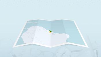 Map of French Guiana with the flag of French Guiana in the contour of the map on a trip abstract backdrop. vector