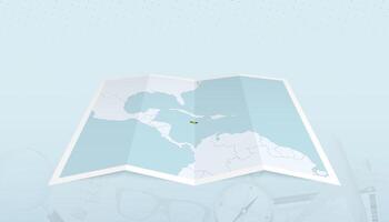 Map of Jamaica with the flag of Jamaica in the contour of the map on a trip abstract backdrop. vector