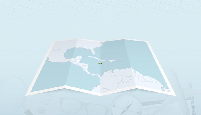 Map of Jamaica with the flag of Jamaica in the contour of the map on a trip abstract backdrop.
