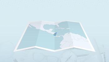 Map of Nicaragua with the flag of Nicaragua in the contour of the map on a trip abstract backdrop. vector