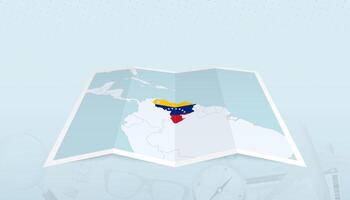 Map of Venezuela with the flag of Venezuela in the contour of the map on a trip abstract backdrop. vector