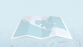Map of Belize with the flag of Belize in the contour of the map on a trip abstract backdrop. vector
