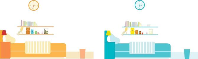 a kids bedroom with a clock and a shelf vector