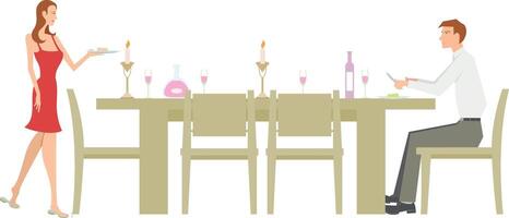 a man and woman are sitting at a table with wine glasses vector