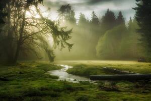 Soothing Nature Scene with Sunlit Forest photo