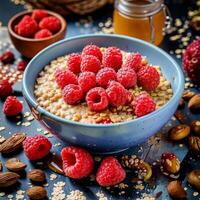 Raspberries and oats in a bowl with almonds and nuts photo