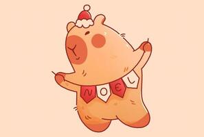 Kawaii Christmas capybara in hat with garland and flags noel. vector