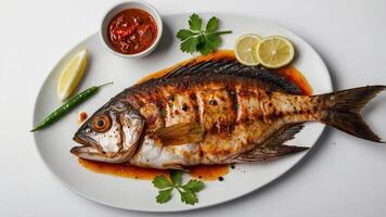 Grilled fish on a white plate with lemon and spices photo