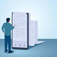 A man looks at the description on his mobile phone. Illustration for terms and conditions. vector