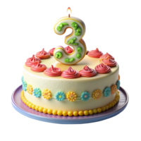 beautiful birthday celebration cake and written three on the cake is isolated on transparent background png