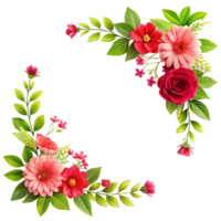 rojo y rosado flor y hojas esquina marco es aislado en transparente antecedentes png