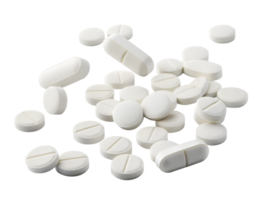 A collection of various white pills scattered on a surface. The pills are of different shapes, isolated on a transparent background png