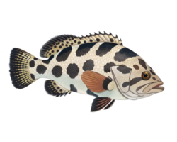 A chunky clown grouper with bold black and white patches hovering near colorful coral. isolated on a transparent background png