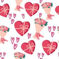 hand-drawn seamless pattern with valentine's day attributes, with a bouquet of flowers and a heart-shaped box of chocolates vector